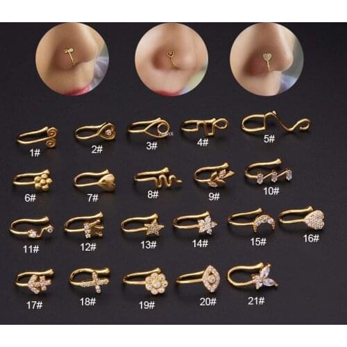 1 Piece Gold Copper with Zircon Nose Fake Piercing Stud