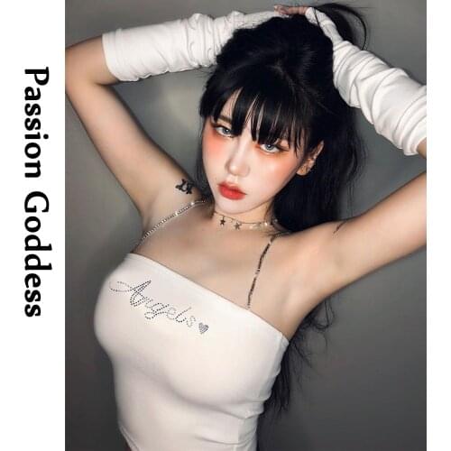 Sexy Cute Women Angels Rhinestone Crop Shirts Removable Sleeve Slim Halter Chain T Shirt Bustier Love Heart Hot Drilling T-shirt