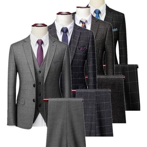 Gray Plaid 3-Piece Set Men Wedding Party High Quality Slim Fit Mens Blazer Coat and Pants Vest Size 4XL Gentleman Male Clothing