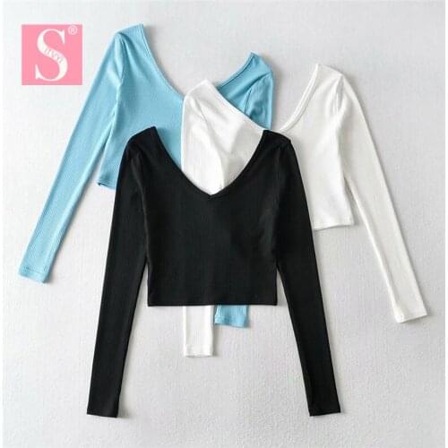 STVY 2021 Spring Women’s Slim Crop Tops Bottoming Shirt Ladies Before And After Deep V-neck Long Sleeve T-Shirts For Women