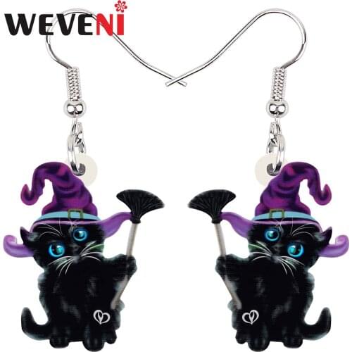 WEVENI Halloween Acrylic Sweet Black Magic Wizard Beard Cats Earrings Fashion Kitten Dangle Drop Jewelry For Women Girls Teens