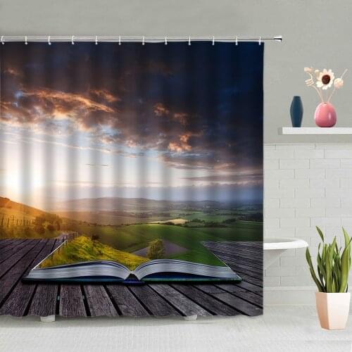 Book Knowledge Shower Curtain Sky Grassland Scenery Waterproof Bathroom Screen Decor Wall Hanging Curtains Accessories Home Set