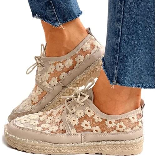 Womens Retro Lace Floral Mesh Woven Flat Heel Platform Lace-up Soft and Comfortable Fashion All-match Single Shoestu9