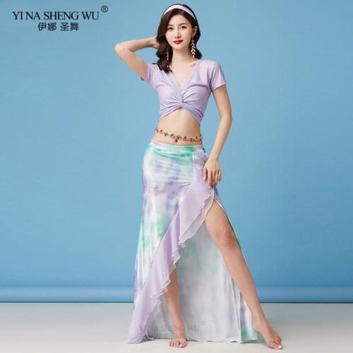 Women Dance Clothes Tie-dyed Belly Dance Costume Set 2pcs Top and Skirt with Ruffle Gilrs Oriental Dance Practice Suit Dancewear