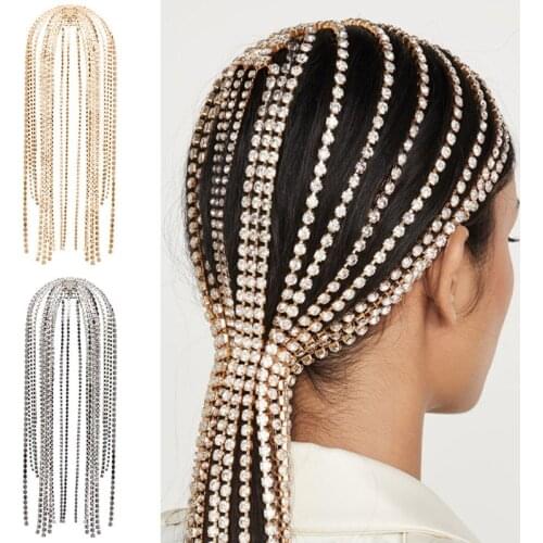 Women Glitter Long Rhinestone Tassel Headband Jewelry Crystal Chain Bridal Hair Hoop Wedding Prom Party Tiara Headpiece