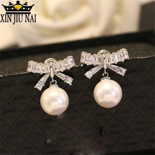S925 Sterling Silver Stud Earrings Womens High Quality Zircon Bow Pearl Earrings Hypoallergenic Cute Party Engagement Earrings