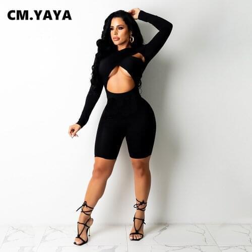 CM.YAYA Women Playsuit Solid Full Sleeve V-neck Hollow Out Back Zip Stretchy Bodycon Playsuits Sexy Rompers Fashion Outfit Fall