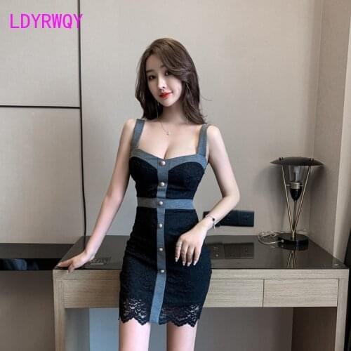 Womens 2021 Sexy Nightclub Sling Bottom Lace Stitched Low Chest Dress Office Lady Sheath Sleeveless