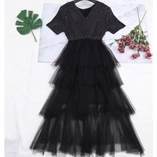 2021 Women Summer V-Neck Bling Sequined Ball Gown Ruffles Tulle Dress Lady Elastic Slim Mesh Gauze Pleated Layer Cake Midi Dress