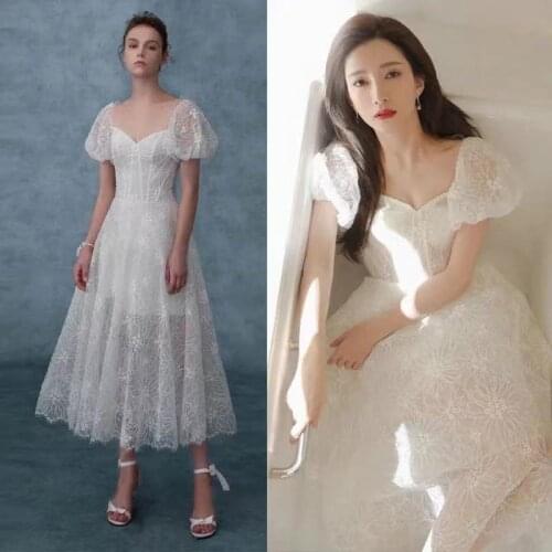 2021 A Line Tulle lace Prom Dresses Sparkly short Sleeves Sheer Scoop Neck Ankle Length Formal Evening Gowns wedding dresses