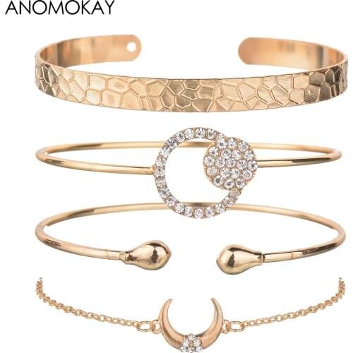 4 Pcs/Set Simple Fashion Moon Geometric Crystal Wrap Bracelet Set Jewelry Gold Color Chain Link Bracelet Bangle Pulseira De Ouro