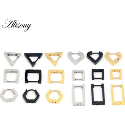 Alisouy 1 Pair Titanium Fashion Triangle Square Rhombus Heart rectangle Men Women ear Stud Earrings Pierced push-back ear plug