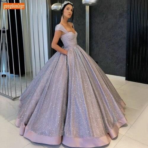 Glitter Arabic Purple Silver Evening Dresses Sparkly Sweetheart Ball Gown Women Formal Dress Saudi Arabia Party Evening Gowns