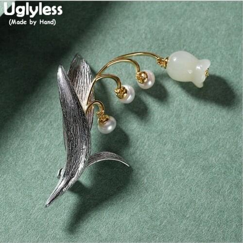 Uglyless Dual-use Natural Jade Pearls Lily of the valley FlowerS Brooches Pendants NO Chains Real 925 Silver Leaves Pins Brooch