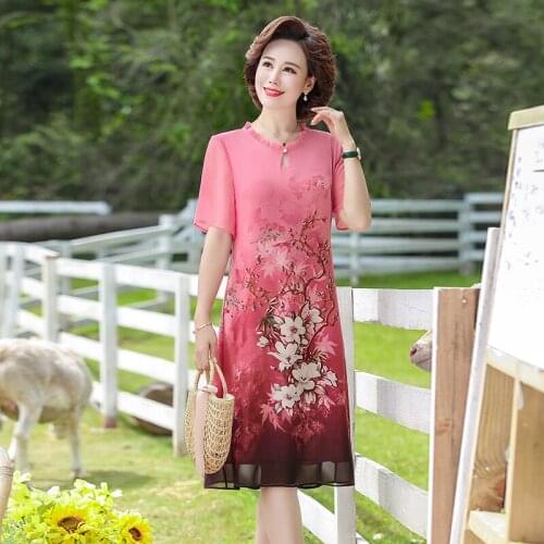 Elegant Summer Middle Aaged Women Fashion Mother Chiffon flowers Midi Dress Female Short Sleeve Plus Size 5xl Dresses Vestitos