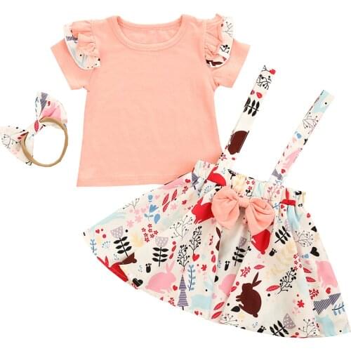 FOCUSNORM Easter Lovely Kids Girls Clothes Sets 3pcs Ruffles Short Sleeve T Shirts Animal Print Strap Dress Headband