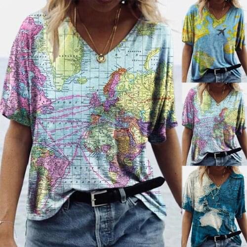 Womens Oversized T-shirt 2021 Map Print V-neck Short Sleeve Womens T-shirt Tops Asymmetric Summer Casual All-Match топ женский