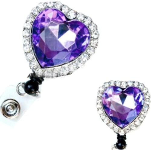 Beautiful Rhinestone Purple Heart Badge Reel/ Pull Reel / Retractable ID Badge Holder