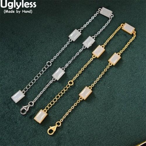 Uglyless 100% Natural Gemstones MINI Square Charm Bracelets for Women Super Thin Chains Bracelets 925 Silver Geometric Jewelry