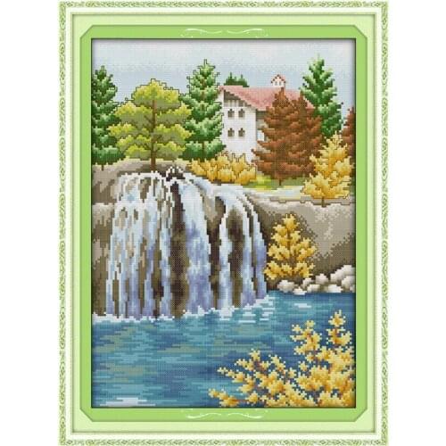 Little Waterfall Scenery Counted Cross-Stitching 11CT Printed Handmade Cross Stitch Set Cross-stitch Kits Embroidery Needlework