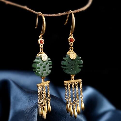 BOCAI New Fashion Product Tassel Hetian Jasper Earrings for Women s925 Silver Jewelry Gold-plated Exquisite Womens Earrings