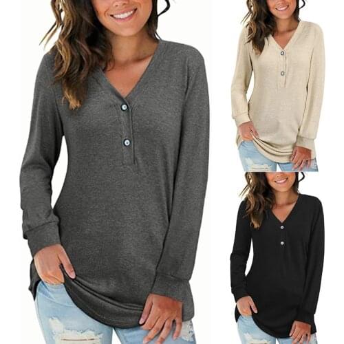 Autumn Women Sexy V-Neck T Shirts Long Sleeve Button Loose Pullover T-Shirt Sexy Basic Casual Tops Female Solid Color Tee Shirt