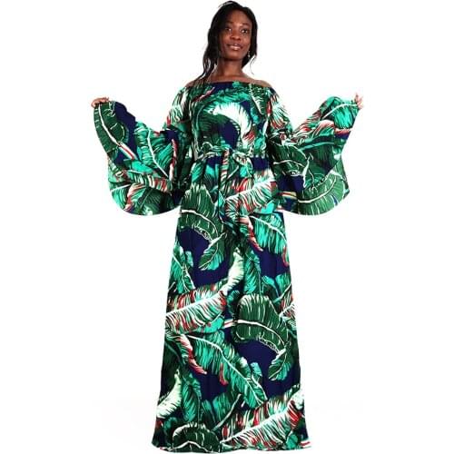 Dashikiage 2019 Latest Arrivals African Dashiki Palm Leaf Pattern Print Of Shoulder Butterfly Sleeve Fashion Women Long Dress
