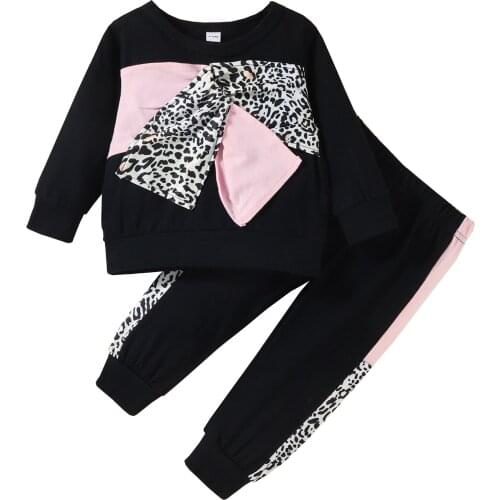 Infant Baby Girls Long Sleeves 3D Bowknot Sweater + Trousers, Leopard Stitching Classic Round Neck Elastic Waist Spring Clothing