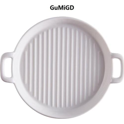 Japanese Double Ear Ceramic Corrugated Baking Pan Round Western Pizza Pan High Temperature Resistant Oven Baking Die Pasta