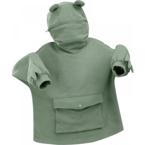 Women Hoodie Frog Pullover Sense Harajuku Sleeve Hooded Casual Sweatshirts Embroidery Loose Top Doll Decoration Streetwear Tops