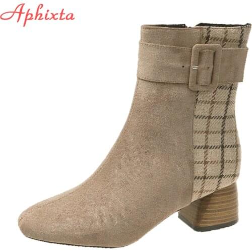 Aphixta 2021 New Boots Women Square Heel lattice Check Ankle Boots 6cm Stretch Zippers Buckle Lady Footwear