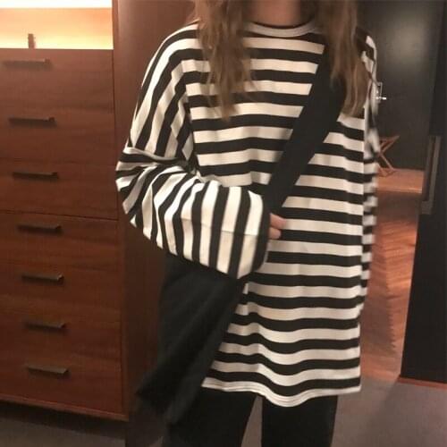 Woman tshirts Loose Oversize lazy style O Neck Stripe Pullover Long Sleeve Tshirts Blusas Harajuku Shirt Women Clothes 15H