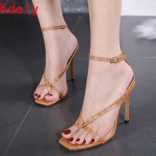 Summer New Fashion Pinch Narrow Band Women Gladiator Sandal Ladies Square Open Toe Ankle Buckle Strap Stiletto Heels