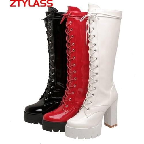 Fashion Platform Knee High Boots Spring Autumn Women Boots Patent Leather Square High Heel Long Boots Lacing Zip Winter Shoes