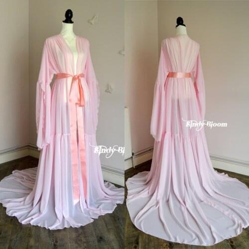 Pink Bridal Robe with Belt V Neck Long Sleeve Women Dressing Gown Wedding Bathrobes Boudoir Sleepwear Nightgowns