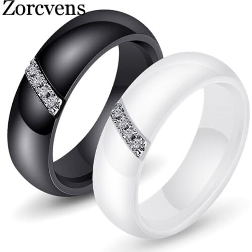 ZORCVENS White Black Ceramic Rings For Women Smooth Surface Inlaid Zircon Women Stainless Steel Wedding Engagement Ring
