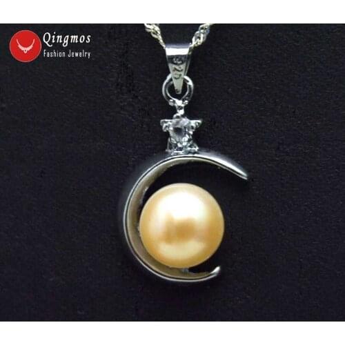 Qingmos 18mm Moon Pendant Necklace for Women with 9-10mm Flat Round Natural Pink Pearl Necklace 17" Chain Chokers 17" Jewelry