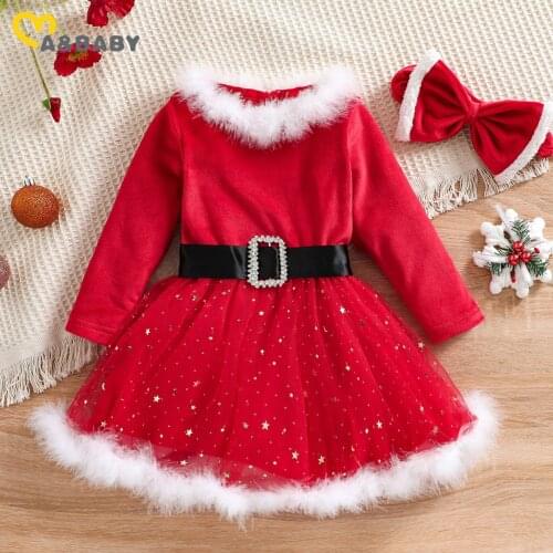 Ma&Baby 1-5Y Christmas Red Dress For Kid Girls Toddler Children Sequins Tulle Tutu Party Dresses Long Sleeve Xmas Costume DD88
