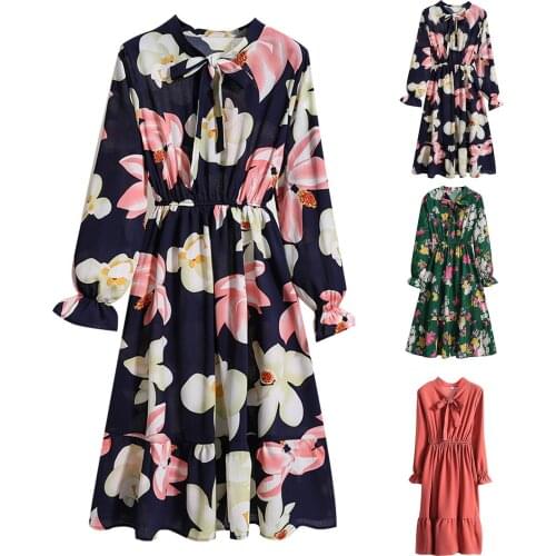 Women Bowknot Nack Bottoming Dress Slim Long-sleeved Elastic Waist Mid-length Floral Dress Spring Autumn Elegant Ladies Dresses