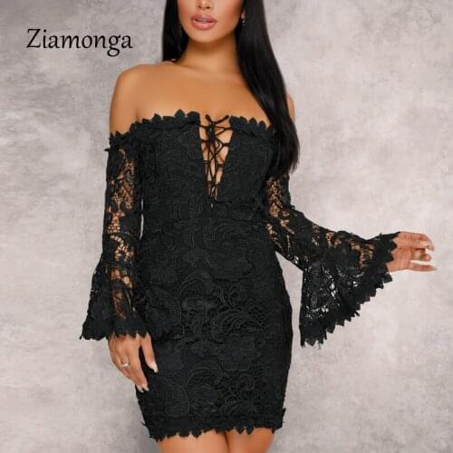 Ziamonga Embroidery Black Red Lace Women Mini Dress Flare Sleeve Strapless Lace Up Mini Dress Casual Sexy Dresses Lace Vestidos