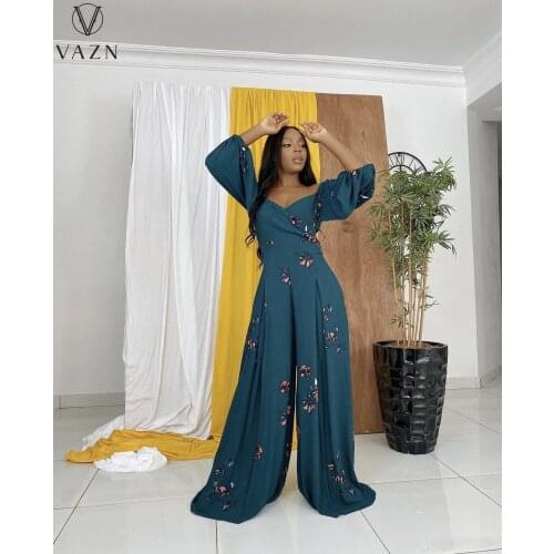 VAZN 2021 Full Sleeve Loose Office Formal Lady Deep V-neck Office Lady Sexy Young Simple Women Slim Long Wide Leg Jumpsuits