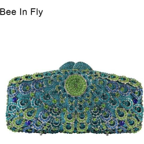 Bee In Fly Hollow Out Deep Blue Women Crystal Evening Clutch Bags Metal Hard Case Diamond Minaudiere Purse Crystal Clutch