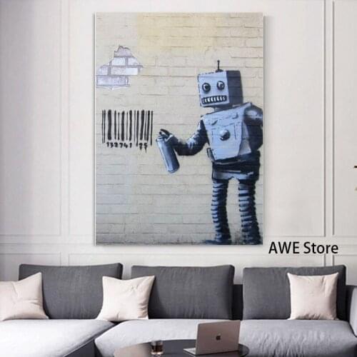 Banksy Robot Bar Code Label Posters And Prints Canvas Painting Wall Art Home Decor For Living Room Home Decor Pictures