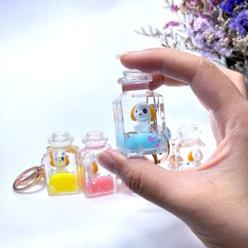 Glitter Quicksand Keyring Floating Liquid Animal Penguin Keychain Bag Trinket Milk Tea Cup Pendant For Women Men Gift Key Fob