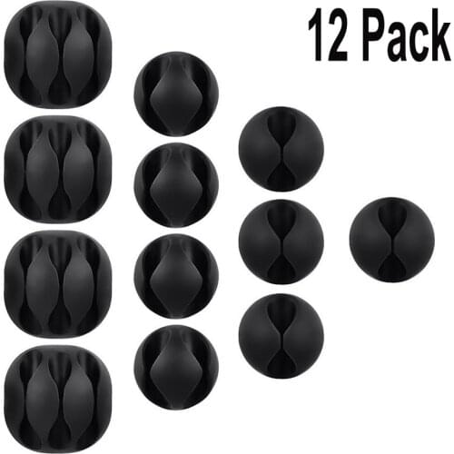 12 Pieces Desktop Cable Clips Holders Cord Management System for Computer, Charging and Mouse Cord, Black