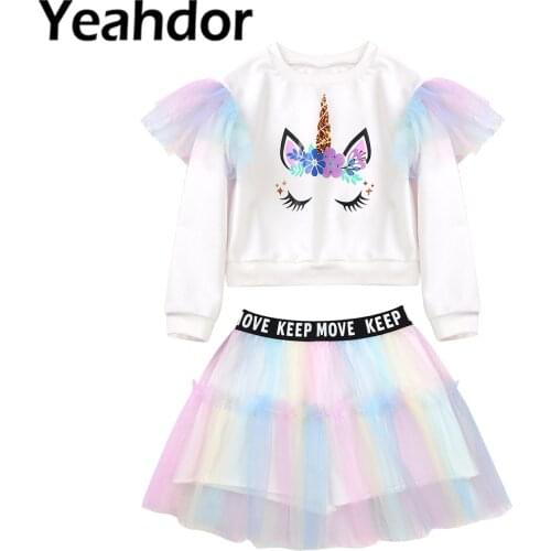 Kids Girls Casual Suit Children Clothes Round Neck Long Sleeves Cartoon Horse Print Cropped T-shirt and Skirt with Mesh Adorned