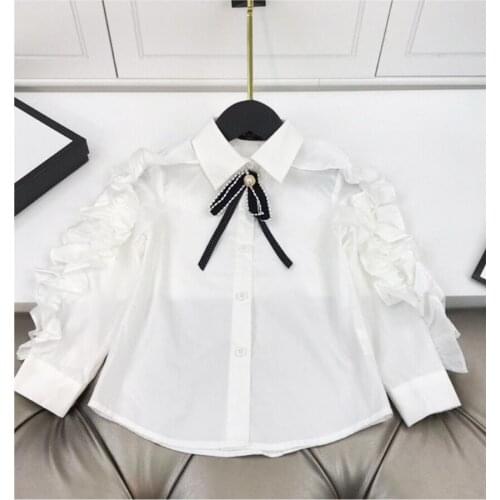 Designer style girls shirt top autumn New girl blouse lace sleeve bow tie college long sleeve white shirt clothes