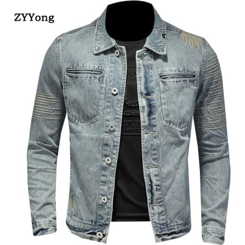 Spring Jeans Jacket For Men Style Bomber Aviator Motorcycle Denim Casual Spliced Retro Embroidery Slim Fashion Streetwear Coat