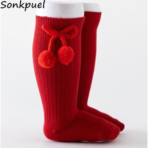 Knee High Girls Socks Baby Toddler Children Cherry Hair Ball In Tube Socks for Girl Boys.Kid Cherry Knitted Sock 0-3Y