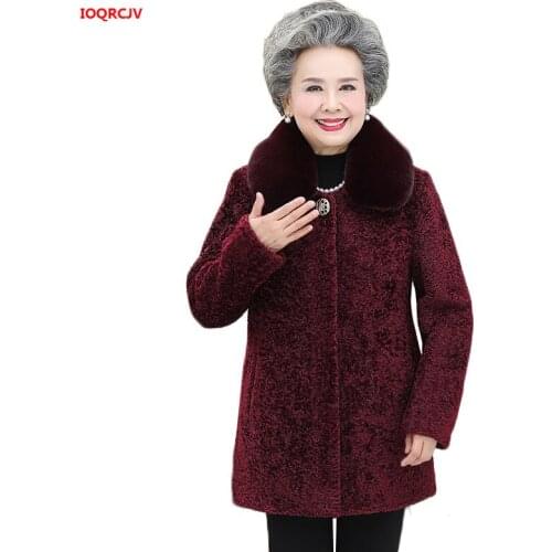 Womens Winter Jacket 2019 Old People Faux Sheep Shearing Fur Coats Long Warm Thick Wool Jackets Grandma Overcoat Plus Size 1377